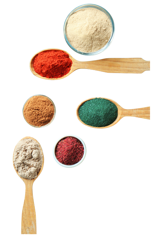 Spoons with various powder blends